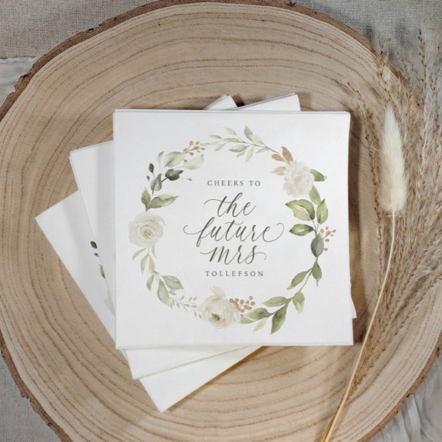 Guardanapo De Papel Chuva de Presentes A Futura Sra Aquarela Floral (Elegant sage green bridal shower napkin with watercolor floral design and “cheers to the future mrs”)
