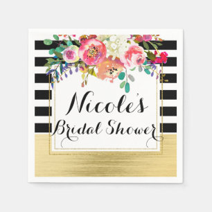 Guardanapo De Papel Chuva Nupcial Preto Branco Dourado Floral Moderno 