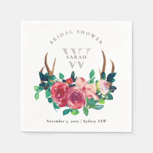 Guardanapo De Papel Chuveiro de Noiva Rústico Boho Vermelho Floral Cer