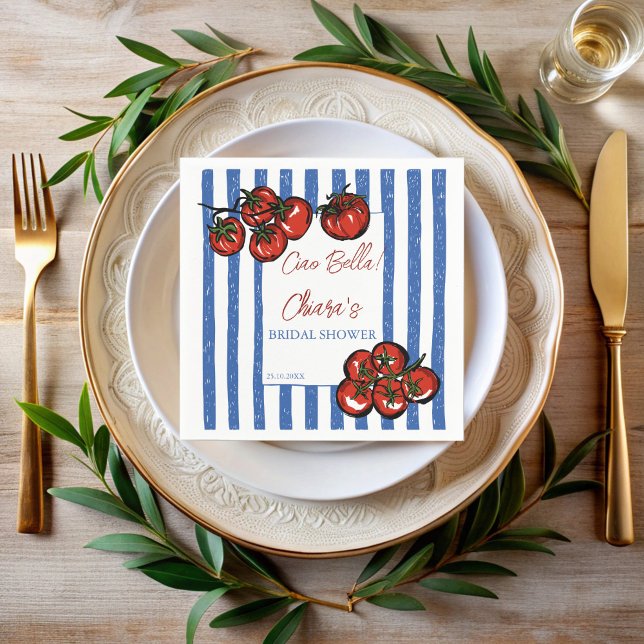 Guardanapo De Papel Ciao bella tomato stripes Italian bridal shower (Ciao bella tomato blue stripe Italian farmers market bridal shower personalized printed Napkins)