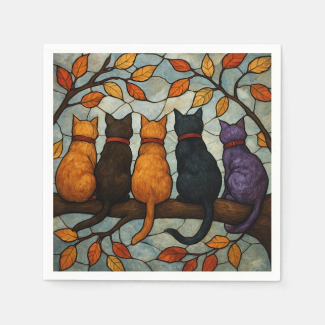 Guardanapo De Papel Cinco Gatos em um Galho de Árvore Estilo Vidro Col (Frente)