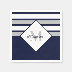 Guardanapo De Papel Cinza Azul Marinho Moderno Náutico Grelha Monogram