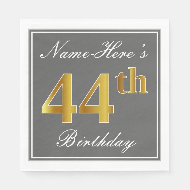 Guardanapo De Papel Cinza Elegante, Faux Dourado Birthday; Nome Person (Frente)