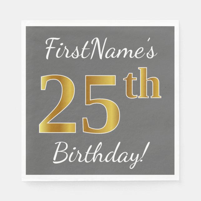 Guardanapo De Papel Cinza, Faux Dourado Birthday + nome personalizado (Frente)