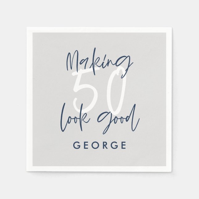 Guardanapo De Papel cinza moderna do 50º aniversário + marinho azul (Frente)
