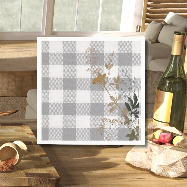 Guardanapo De Papel Cinza White Floral Gingham Xadrez Country Farmhous (Criador carregado)