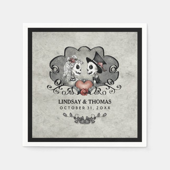 Guardanapo De Papel Cinzas de Halloween & Skeletons Pretos & Casamento (Frente)