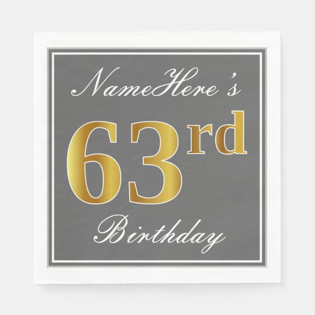 Guardanapo De Papel Cinzas Elegantes, Faux Dourado 63º Aniversário; No (Frente)