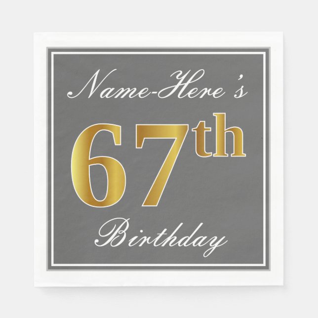 Guardanapo De Papel Cinzas Elegantes, Faux Dourado 67.o Aniversário; N (Frente)