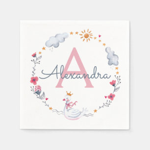 Guardanapo De Papel Cisne rosa fofo & coroa de flores com sol e monogr
