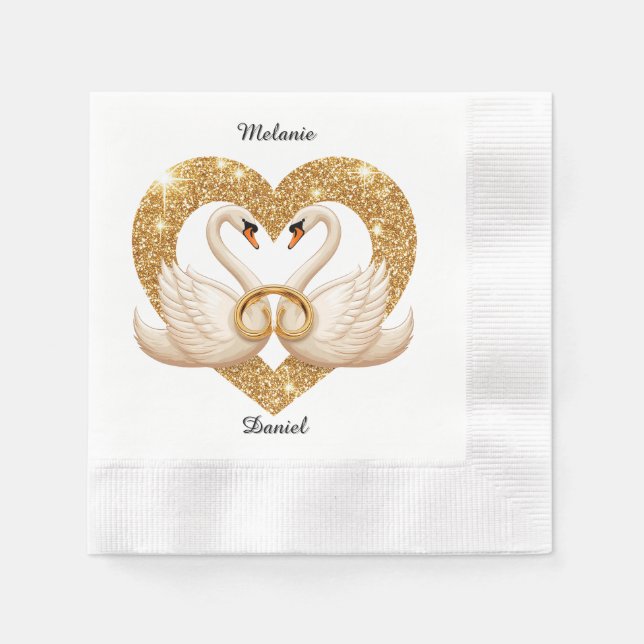 Guardanapo De Papel Cisnes Elegantes com Anéis Dourados (Frente)