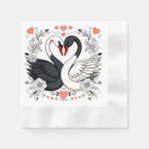 Cisnes Preto e Branco Rodeados por Desenhos Florai