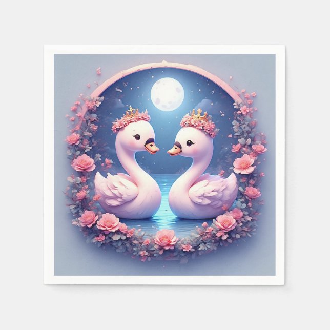 Guardanapo De Papel Cisnes Românticos Decorados com Flores (Frente)