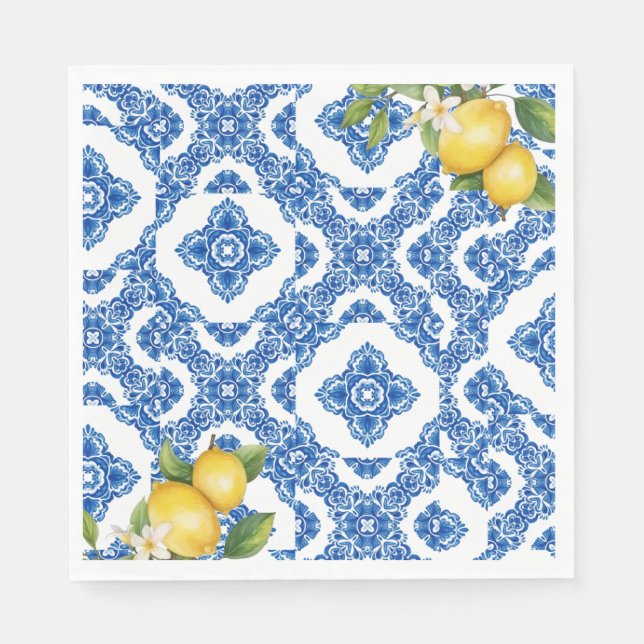 Guardanapo De Papel Citrus Lemon Blue Azulejo Bridal Paper Napkins (Frente)