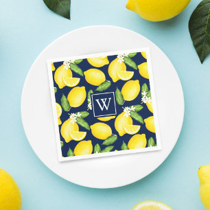 Guardanapo De Papel Citrus Lemon Botanic Marinho Monograma Azul
