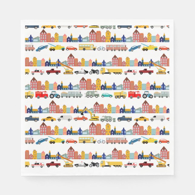 Guardanapo De Papel City Transportation Vehicles Trucks Cars Kids (Frente)