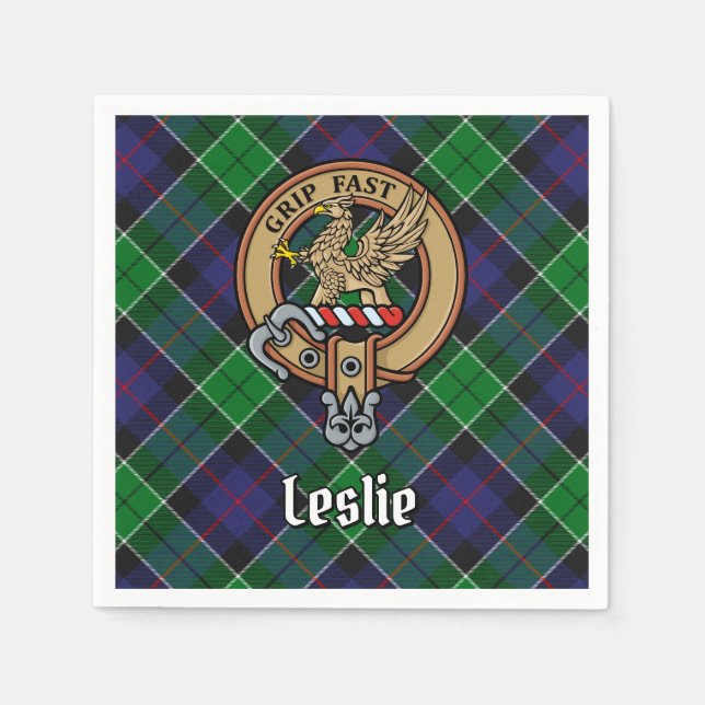 Guardanapo De Papel Clan Leslie Crest sobre caçar Tartan (Frente)