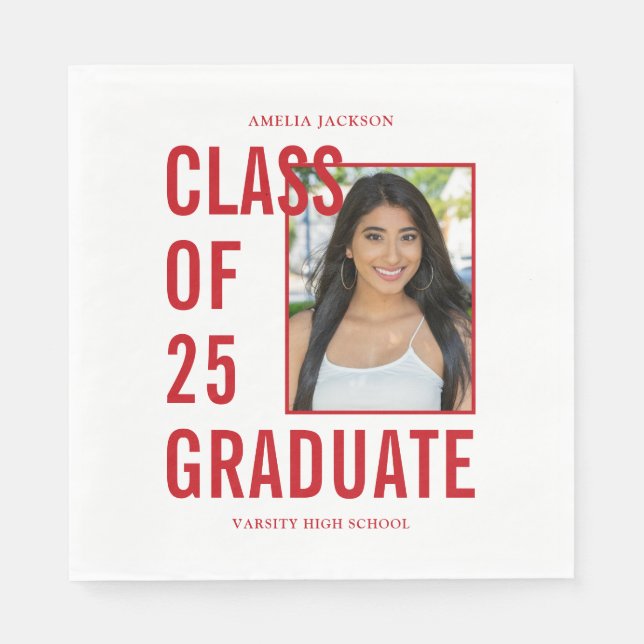 Guardanapo De Papel Classe De 2025 Trendy Red Photo Graduation Paper (Frente)