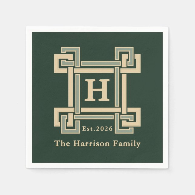 Guardanapo De Papel Classic Forest Green Greek Key Monogrammed (Frente)