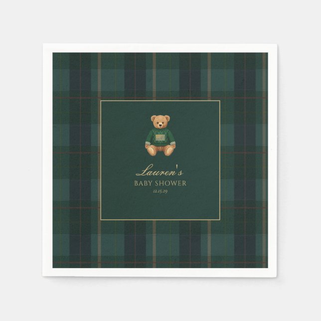 Guardanapo De Papel Classic Green Plaid Bear Baby Shower  (Frente)