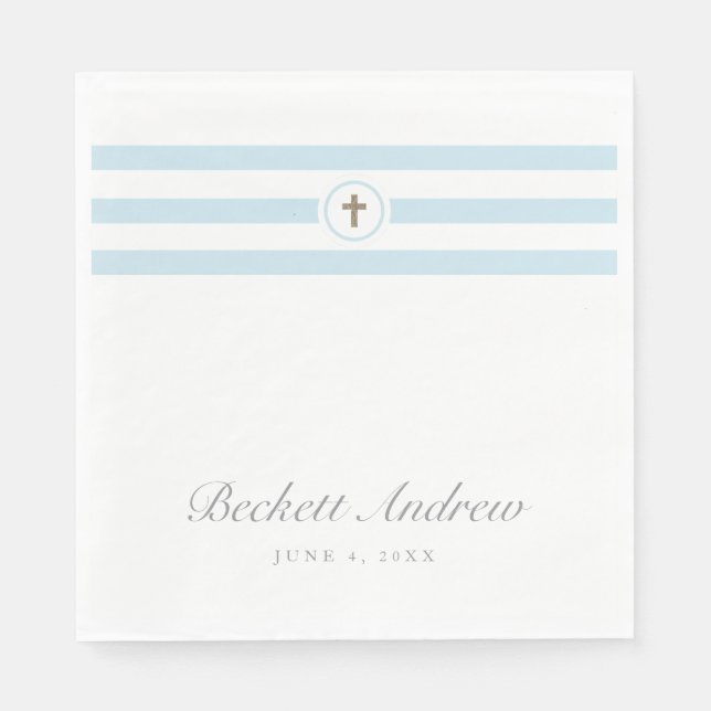 Guardanapo De Papel Classic Stripe Gold Cross Blue Boys Baptism  (Frente)
