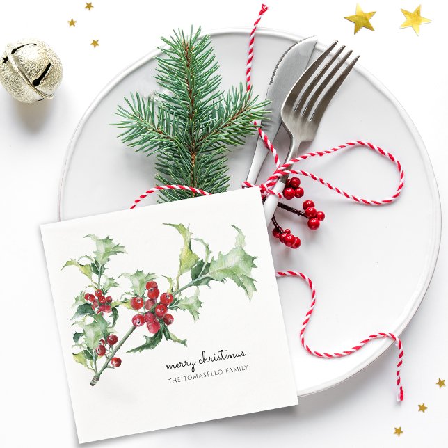 Guardanapo De Papel Classic Watercolor Christmas Holly Berries Nome (Classic Watercolor Christmas Holly Berries Name Napkins)