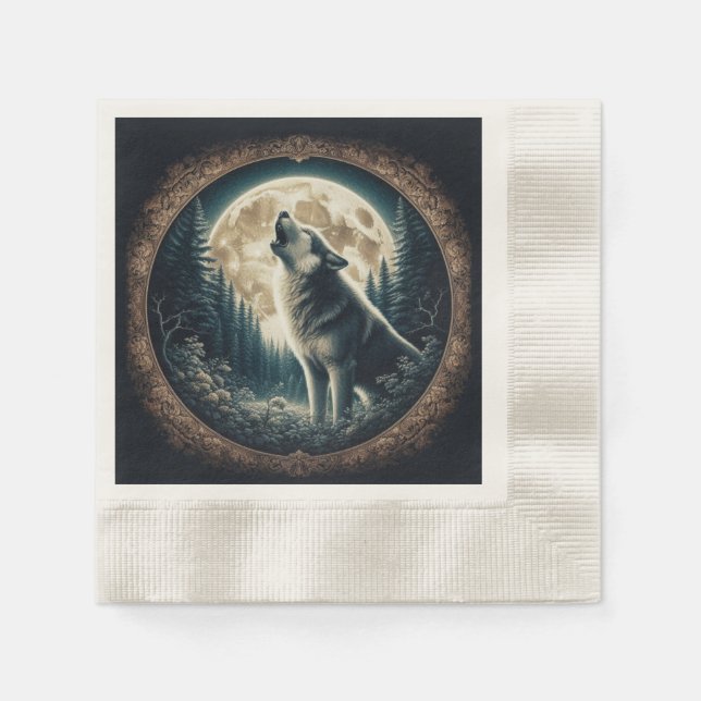 Guardanapo De Papel Clássico, vintage lobo e lua (Frente)