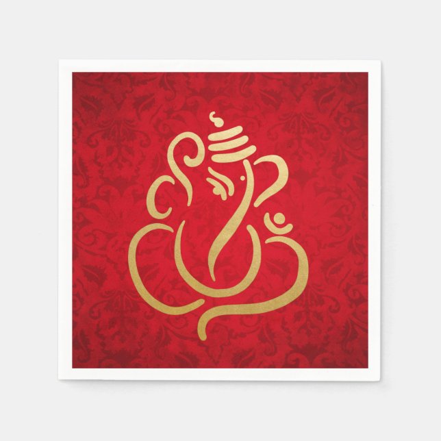 Guardanapo De Papel Classy Faux Gold Foil Ganesha Indian Red Damask (Frente)