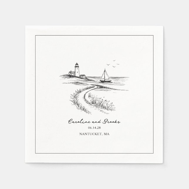 Guardanapo De Papel Coastal Hand Drawn Black & White Wedding (Frente)