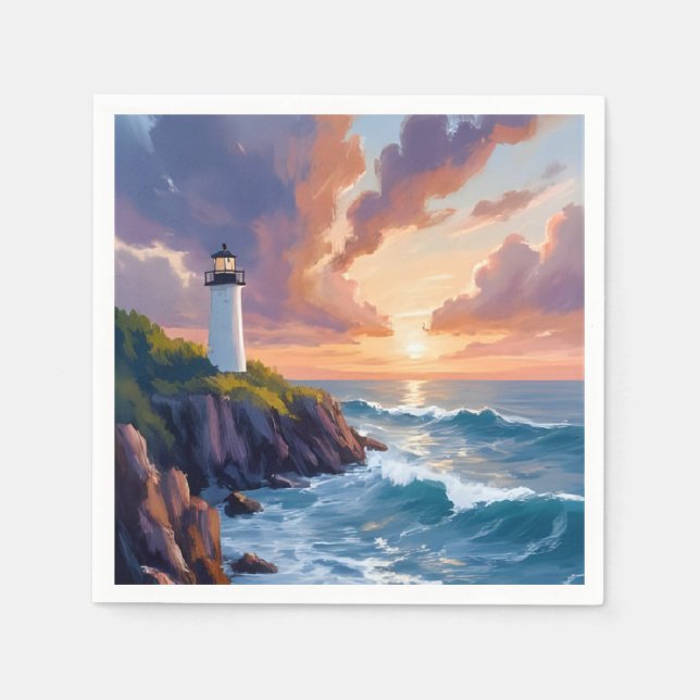 Guardanapo De Papel Coastal Lighthouse Sunset | Beach Ocean Painting (Frente)