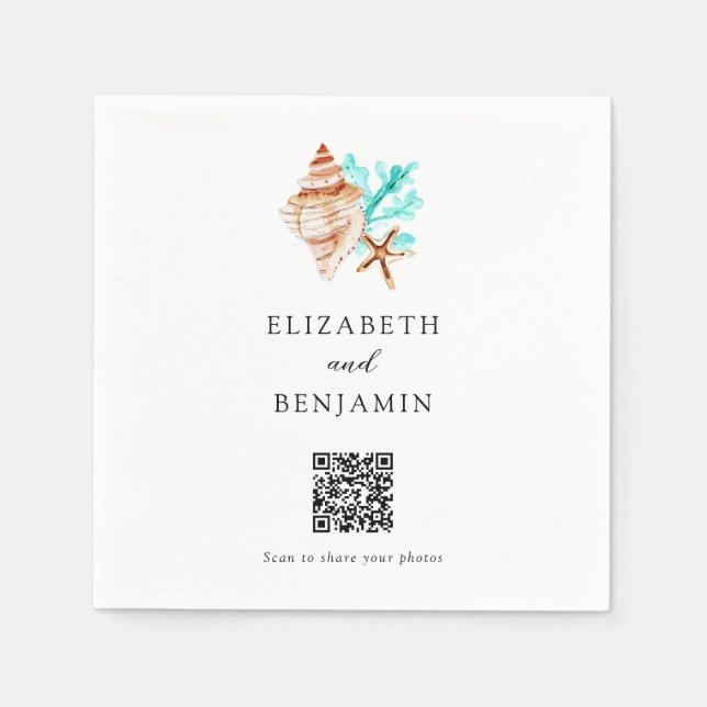 Guardanapo De Papel Coastal Seashell Beach Wedding QR Code Share Photo (Frente)