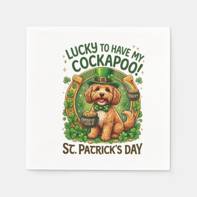 Guardanapo De Papel Cockapoo Dia de São Patrício Cão Sortudo Caldeirão (Frente)