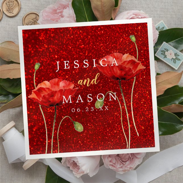 Guardanapo De Papel Cocktail de Casamento de Flores Vermelhas Elegante (Criador carregado)