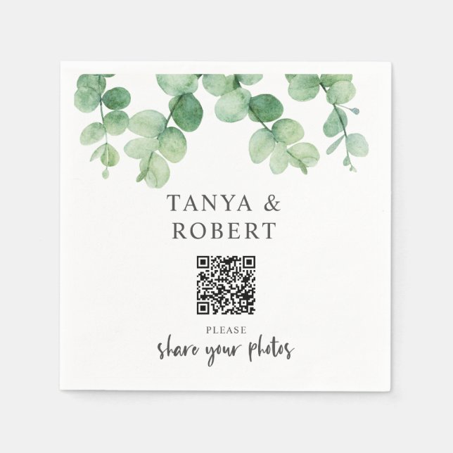 Guardanapo De Papel Código QR de casamento com folhagem de Eucalipto C (Frente)