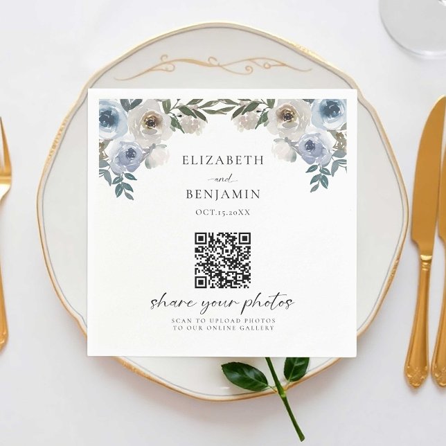Guardanapo De Papel Código QR de Fotos de Partilha Floral de Casamento (Criador carregado)