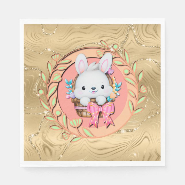 Guardanapo De Papel Coelhinho de Páscoa bonito sentado no cesto (Frente)