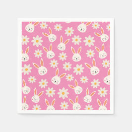 Guardanapo De Papel Coelhinhos da Páscoa com Flores Brancas sobre Rosa