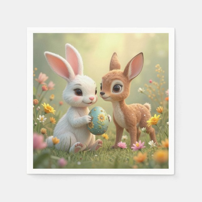 Guardanapo De Papel Coelho da Páscoa e Fawn em Flores Silvestres (Frente)