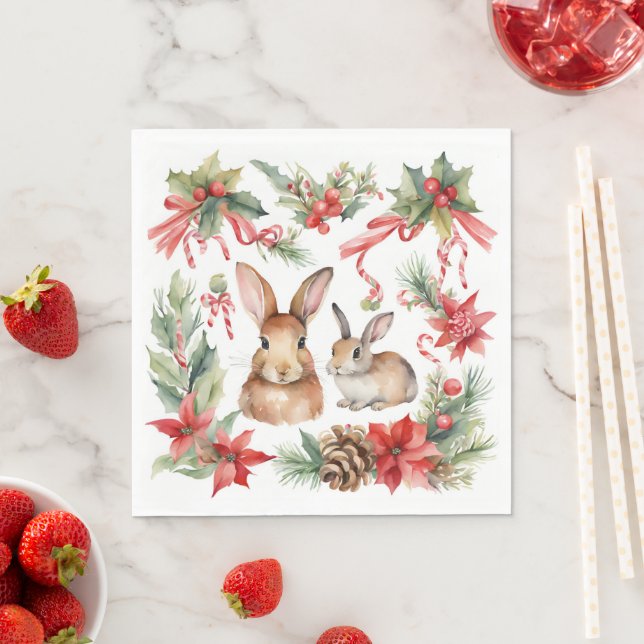 Guardanapo De Papel Coelhos de Natal com Aquarela Vermelha Dourada Flo (Insitu)