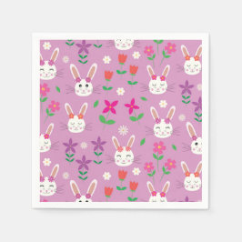 Guardanapo De Papel Coelhos de Páscoa com flores roxas cor-de-laranja 