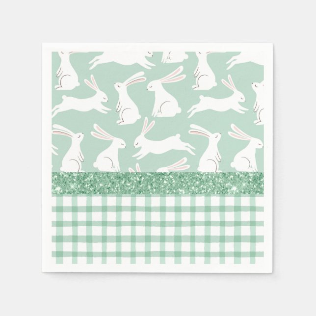 Guardanapo De Papel Coelhos de Xadrez Gingham com brilho verde (Frente)