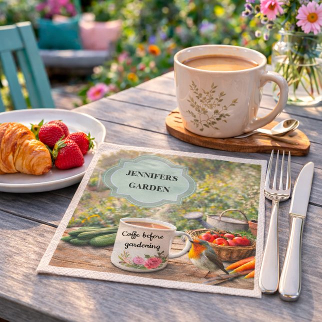 Guardanapo De Papel Coffee before gardening robin garden personal  (Coffee before gardening robin garden personal napkins. You can add your own name. For garden lovers.)
