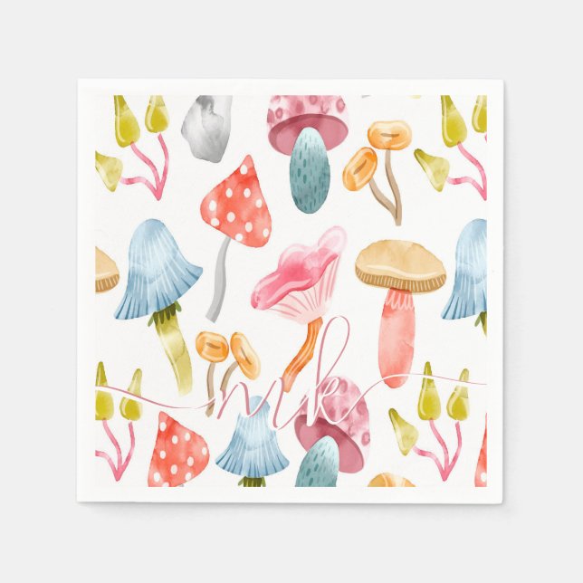 Guardanapo De Papel Cogumelos Pastel de Aquarela (Frente)