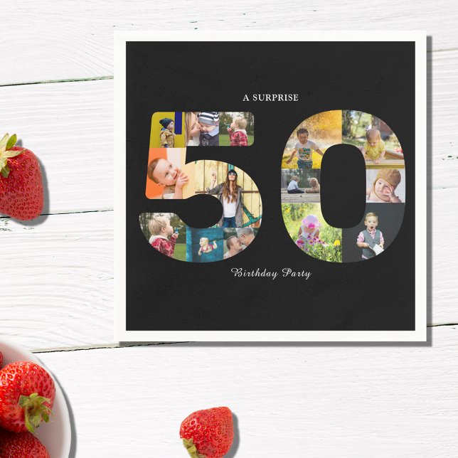 Guardanapo De Papel Colagem de Fotografias com Festa de aniversário 50 (50th birthday photo collage template napkin in black and white.)