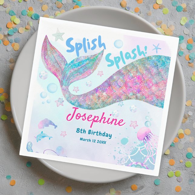 Guardanapo De Papel Colorful Mermaid watercolor birthday custom (Criador carregado)