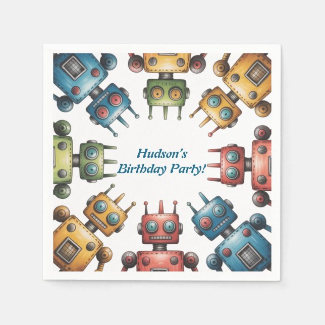 Guardanapo De Papel Colorful Retro Robots Boy Birthday Party (Frente)