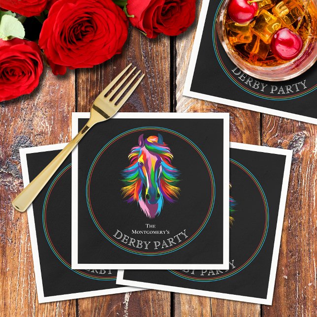 Guardanapo De Papel Colorir Partido Racecavalo Derby (Colorful racehorse on black Derby party cocktail napkins)