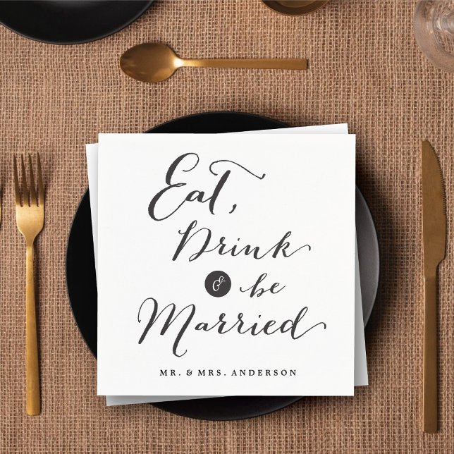 Guardanapo De Papel Coma Bebida e Casem-se com Caligrafia de Script ('Eat Drink & Be Married' Script Calligraphy Wedding Paper Napkins @ fatfatin_blue_knot)