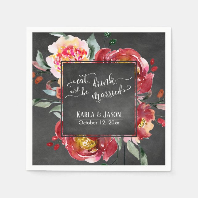 Guardanapo De Papel Coma Bebida e seja casado com flores vermelhas no  (Frente)