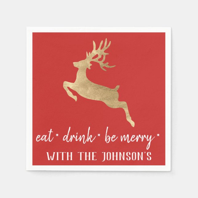 Guardanapo De Papel Coma Bebida Seja Feliz Rena Dourada Vermelha (Frente)